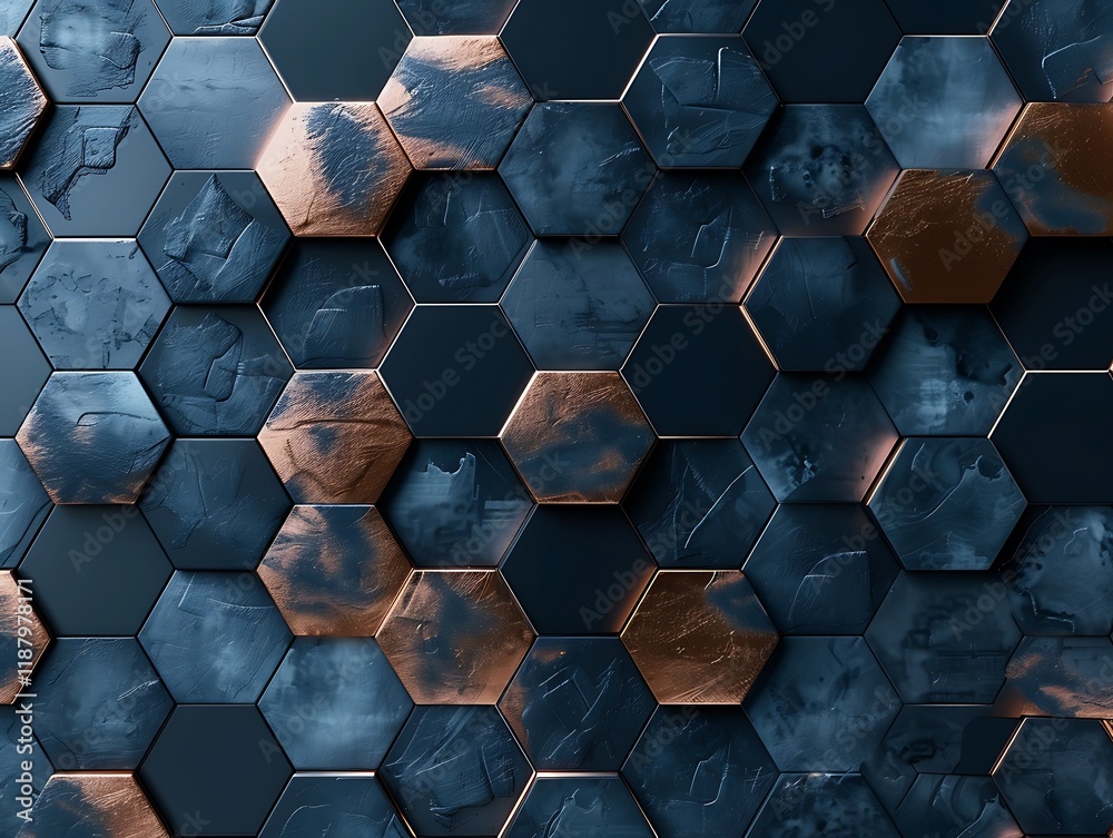 3D abstract background with dark blue and copper hexagonal tiles. Modern wallpaper with metallic textures and geometric patterns. 3D abstract background with dark blue and copper hexagonal tiles. Modern wallpaper with metallic textures and geometric patterns.