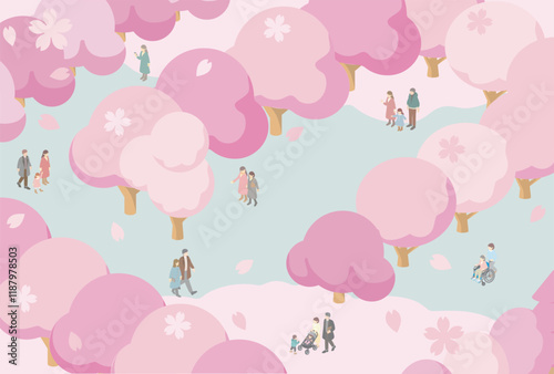 アイソメトリック　人物　家族　ファミリー　キッズ　春　お花見　さくら　桜　サクラ　背景　イラスト素材