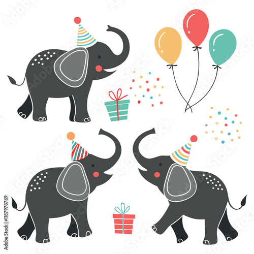 Birthday celebration with balloons air party elephant icon set