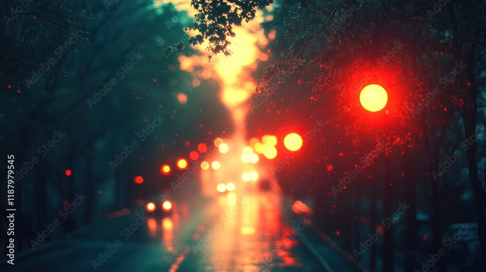 Obraz premium Rainy city street at dusk, blurred lights, wet road.