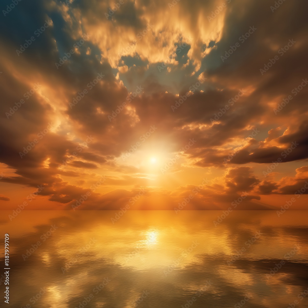 Fototapeta premium Golden Sunset Over Calm Ocean Water Cloudscape