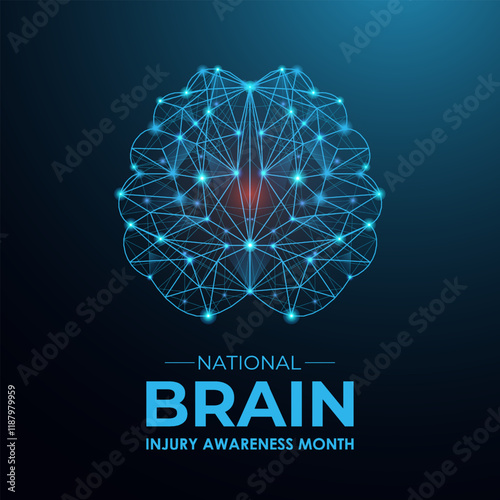 Low poly brain injury awareness month concept. Abstract modern 3d vector. Banner poster, flyer and dark blue background design template. Vector illustration. Eps 10.