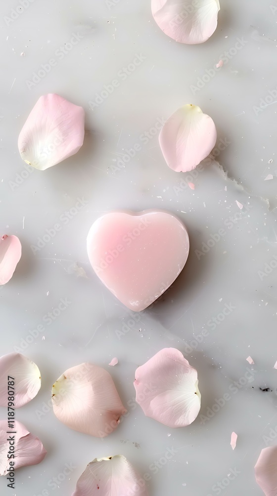 Fototapeta premium Pink heart-shaped soap amidst rose petals on marble, romantic setting, Valentine's Day gift