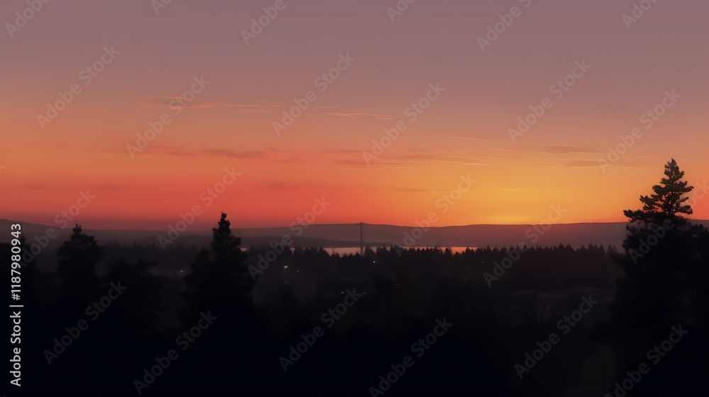 Obraz premium Serene Sunset Over Silhouetted Forest Landscape