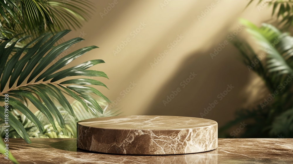 Elegant round pedestal on a marble surface surrounded by lush green foliage in a serene setting Elegant round pedestal on a marble surface surrounded by lush green foliage in a serene setting