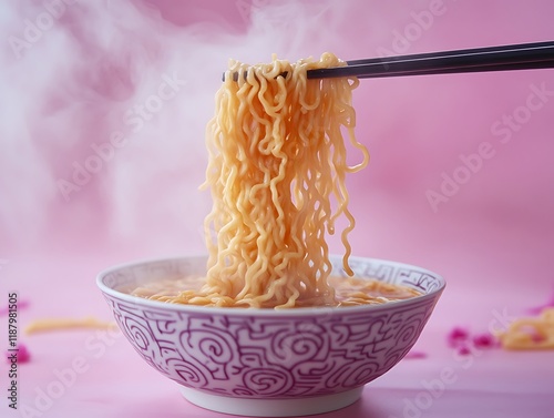 Close-up of a chef skillfully placing ramen noodles into a bowl, with steam and rich broth in the background, isolated on a soft lavender background photo