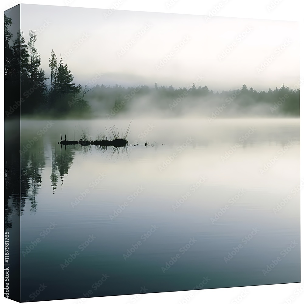 Fototapeta premium Serene Foggy Lake Morning With Trees Reflected
