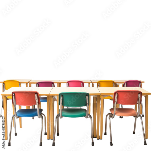 Colorful Classroom Chairs and Tables Isolated on Transparent Background for Design Purposes