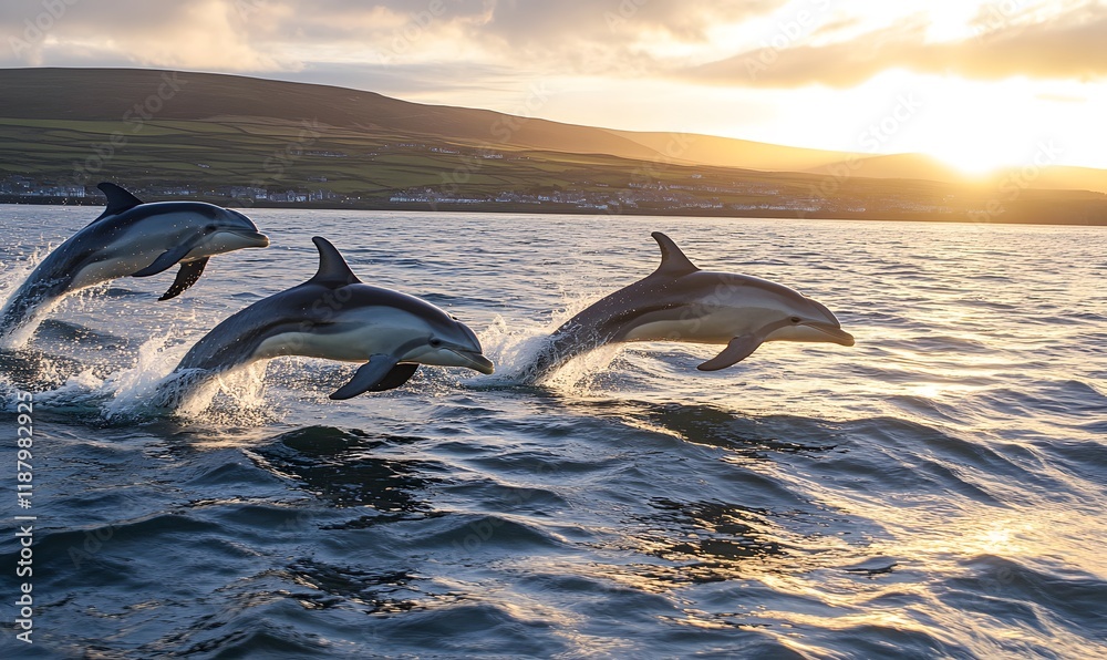 Fototapeta premium Dolphins leaping from ocean at sunset, Generative AI
