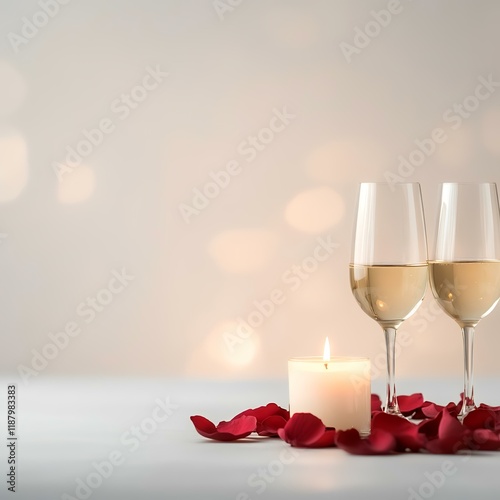 Romantic candlelit dinner with wine glasses and rose petals, bokeh background, Valentine's Day