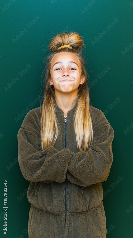Obraz premium Confident Teen Girl Studio Portrait Green Background Fleece Jumpsuit