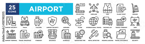 Airport icon collection set. Containing design, Baggage Collection, Airplane, Vest, Plane Ticket, Bagage