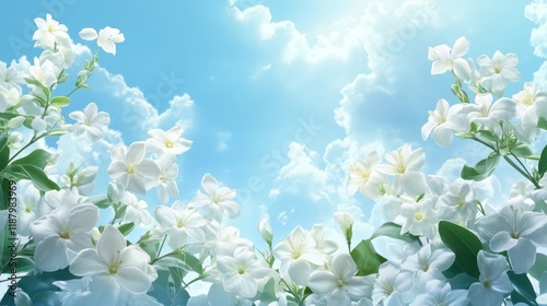 A field of white flowers with a blue sky in the background