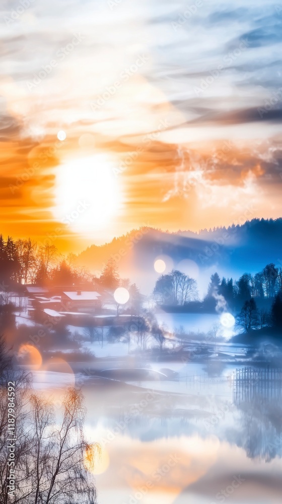 Fototapeta premium Enchanting Winter Sunrise Misty Lake Village and Colorful Sky