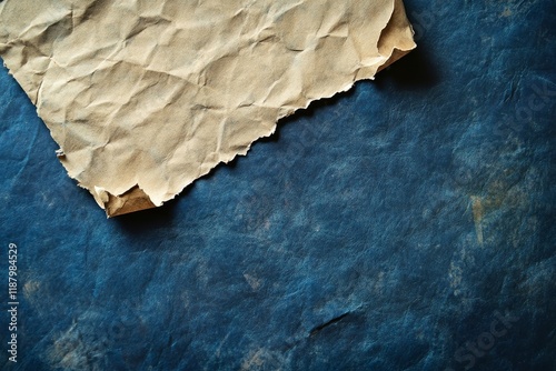 Vintage crumpled paper on rustic blue surface: textured background design