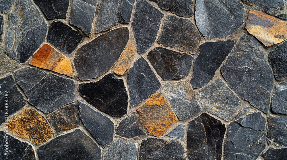Fototapeta premium Textured black and brown stone wall creates a rustic aesthetic in natural architecture