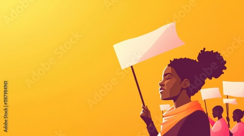 Young woman holding a blank placard during a peaceful protest, symbolizing activism, empowerment, and community engagement against social injustice and inequality in vibrant illustration photo