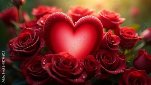 A glowing heart encircled by velvety red roses, sparkling with dewdrops. Gentle sunlight illuminates the petals, symbolizing love, romance, and purity in a lush, dreamy setting.