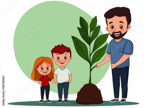 A father and his children plant a sapling, a symbol of growth and environmental stewardship.