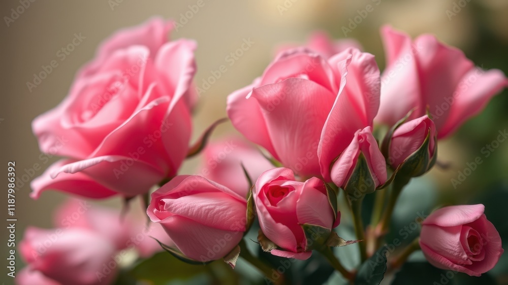 Obraz premium A delicate bouquet of pink roses with soft petals and green stems, capturing the beauty of blooming flowers.