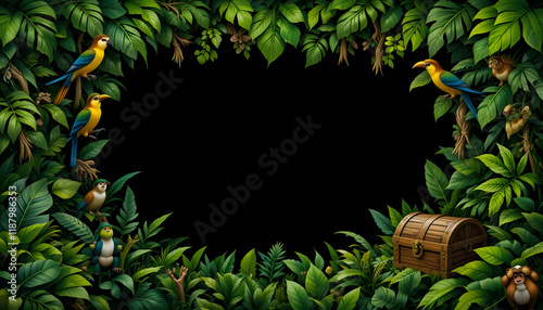 Fototapeta Naklejka Na Ścianę i Meble -  Tropical jungle border with birds, treasure chest, and copy space.