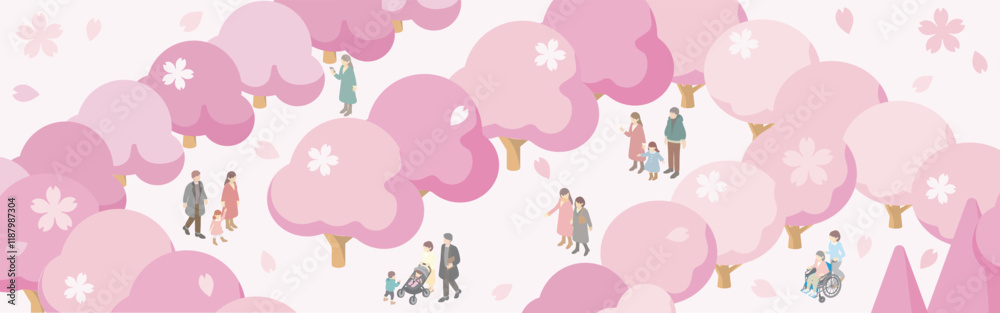 Fototapeta premium バナー アイソメトリック 人物 家族 ファミリー キッズ 春 お花見 さくら 桜 イラスト素材