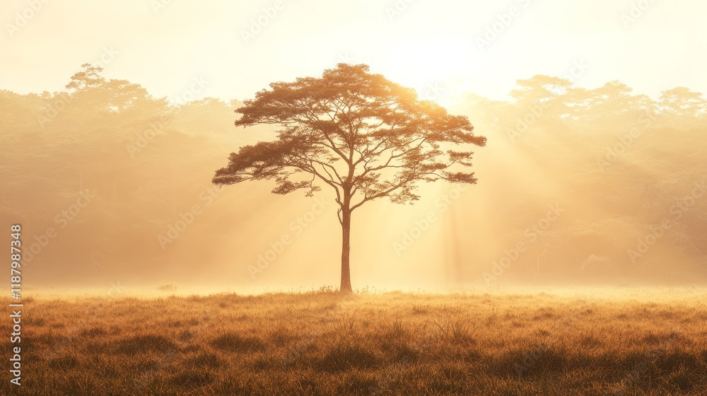 Majestic Lone Tree Standing in a Golden Sunrise with Soft Mist and Gentle Rays of Light Illuminating a Serene Natural Landscape Majestic Lone Tree Standing in a Golden Sunrise with Soft Mist and Gentle Rays of Light Illuminating a Serene Natural Landscape