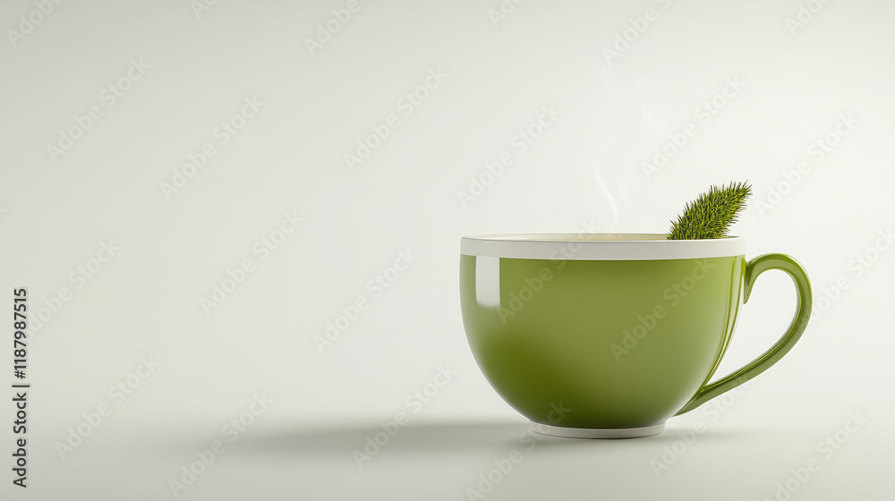 Steaming Green Tea in a Vibrant Mug, Fresh Leaves Beside Steaming Green Tea in a Vibrant Mug, Fresh Leaves Beside