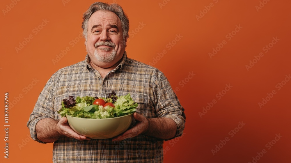 Happy man holding a bowl of fresh salad against an orange background Happy man holding a bowl of fresh salad against an orange background