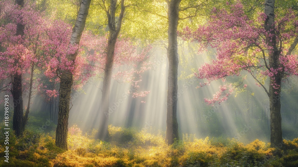 Sunlit cherry blossom forest with pink blooms and birch trees in lush greenery Sunlit cherry blossom forest with pink blooms and birch trees in lush greenery