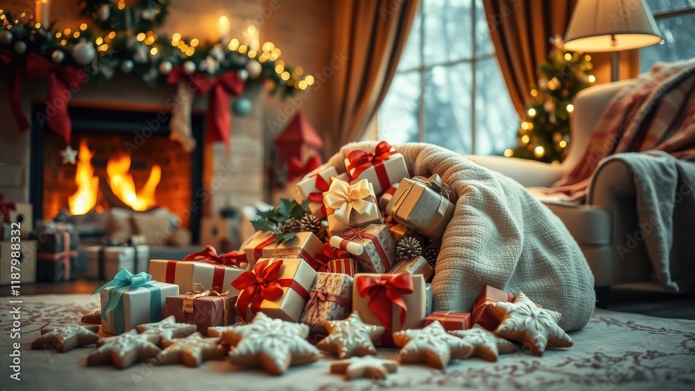 A Cozy Christmas Scene with a Fireplace, Presents Overflowing from a Sack, and Warm Holiday Decor A Cozy Christmas Scene with a Fireplace, Presents Overflowing from a Sack, and Warm Holiday Decor