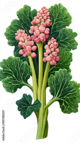 Rhubarb stalk with pink flowers isolated on white background botanical high quality natural environment