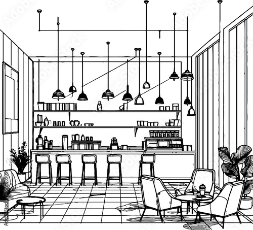 interior and mood for coffee shop line art
