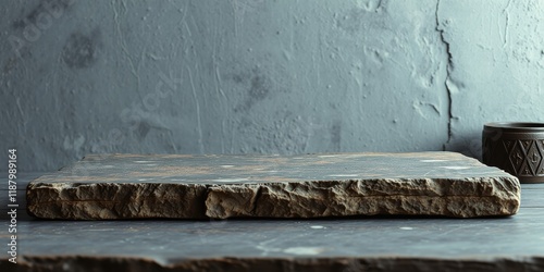 Roughly hewn stone slab resting on a rustic wooden table, creating a simple yet elegant platform for display photo