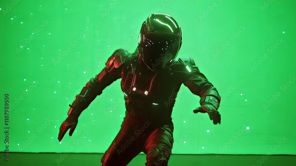 Fototapeta premium Futuristic Astronaut in Dynamic Pose: A Green Screen Sci-Fi Image
