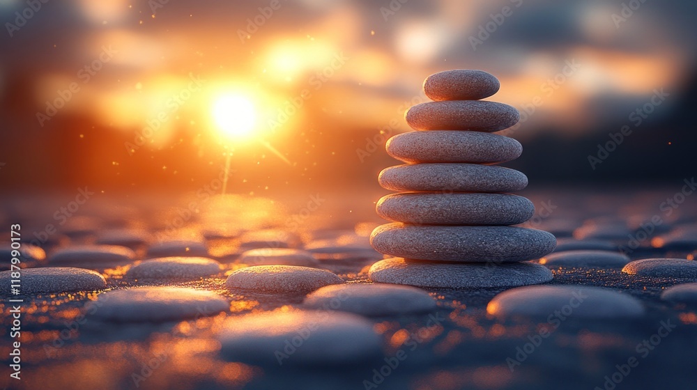 Obraz premium Stacked stones at sunset on a pebble beach.