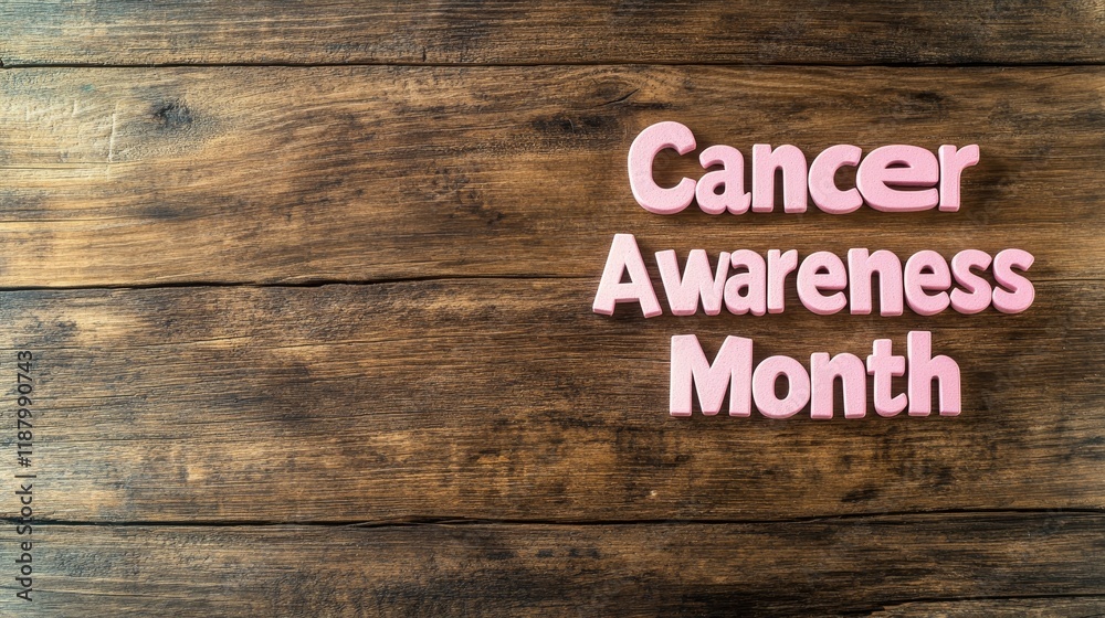 Fototapeta premium Pink Letters Representing Cancer Awareness Month on a Wooden Background Highlighting the Importance of Health Education and Community Support for Cancer Research Initiatives