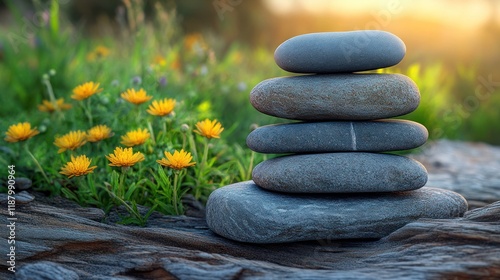 Stone cairn on wood, wildflowers, sunset meadow background.