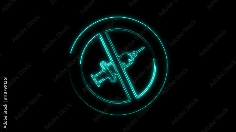 Glowing Neon No Syringe Icon, Anti-Drug and Health Safety Symbol, HD Video Motion Graphic Animation on Black Background Glowing Neon No Syringe Icon, Anti-Drug and Health Safety Symbol, HD Video Motion Graphic Animation on Black Background