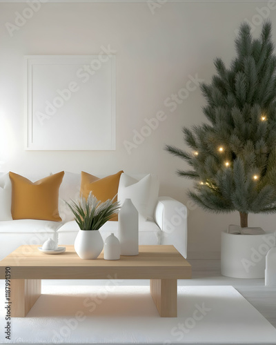 Minimalist living room with Christmas tree, cozy sofa, and decorations. Ideal for holiday home decor blogs or websites photo