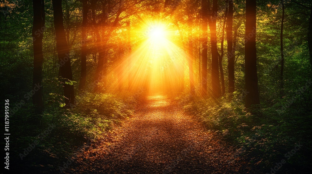 Sunbeams illuminate forest path at sunset. Sunbeams illuminate forest path at sunset.