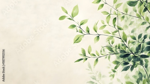 Watercolor Painting of Green Leaves and Branches