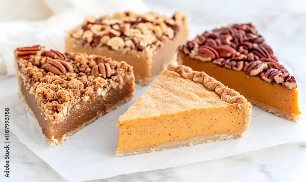 Slices of a variety of delicious fall pies, including pumpkin and pecan and pumpkin scramble pie. Generative AI Slices of a variety of delicious fall pies, including pumpkin and pecan and pumpkin scramble pie. Generative AI