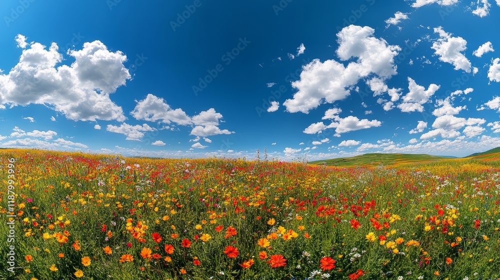 Colorful wildflower meadow under blue sky with puffy clouds Colorful wildflower meadow under blue sky with puffy clouds
