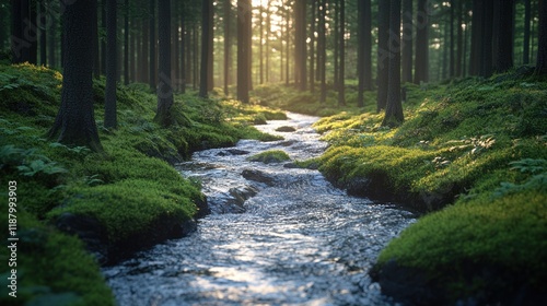 Sunlit forest stream flowing through mossy banks. photo