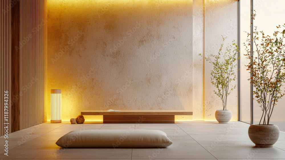 Serene Meditation Room. Low bench, soft light & minimalist decor. Peaceful & calming interior space. Zen & tranquil home sanctuary