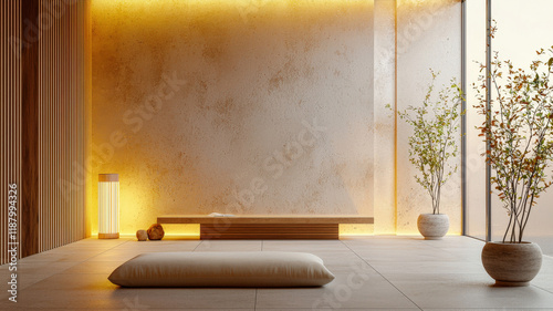 Obraz na płótnie Serene Meditation Room. Low bench, soft light & minimalist decor. Peaceful & calming interior space. Zen & tranquil home sanctuary w salonie
