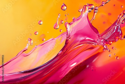Vibrant pink liquid splash against bright orange background