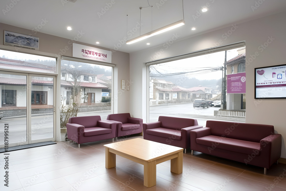 Fototapeta premium Modern clinic waiting room with mountain views; patients relax on comfortable seating. Ideal for healthcare or medical websites