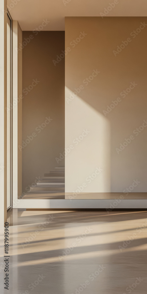 Fototapeta premium Sunlight casts soft shadows in a serene modern interior space during afternoon